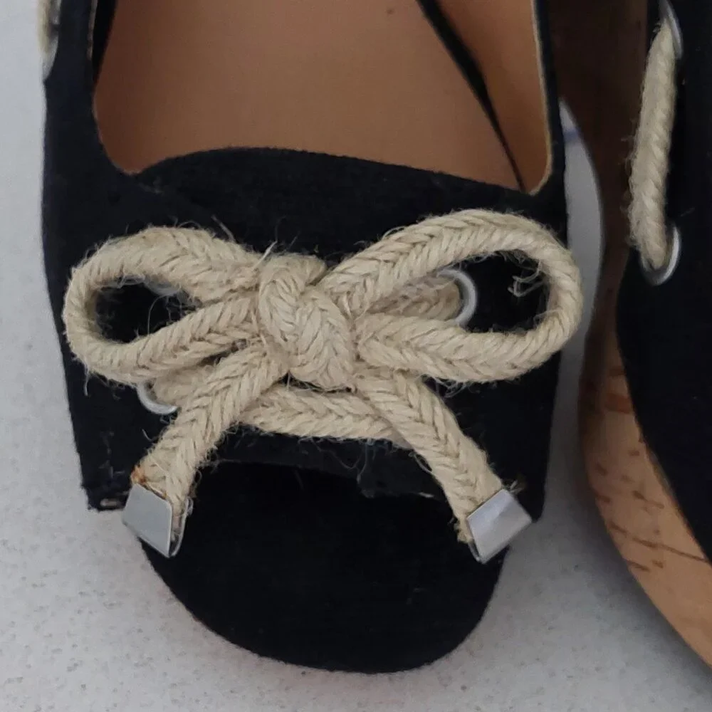 Franco Sarto Black and Cork Rope-Accent Wedge Sandals